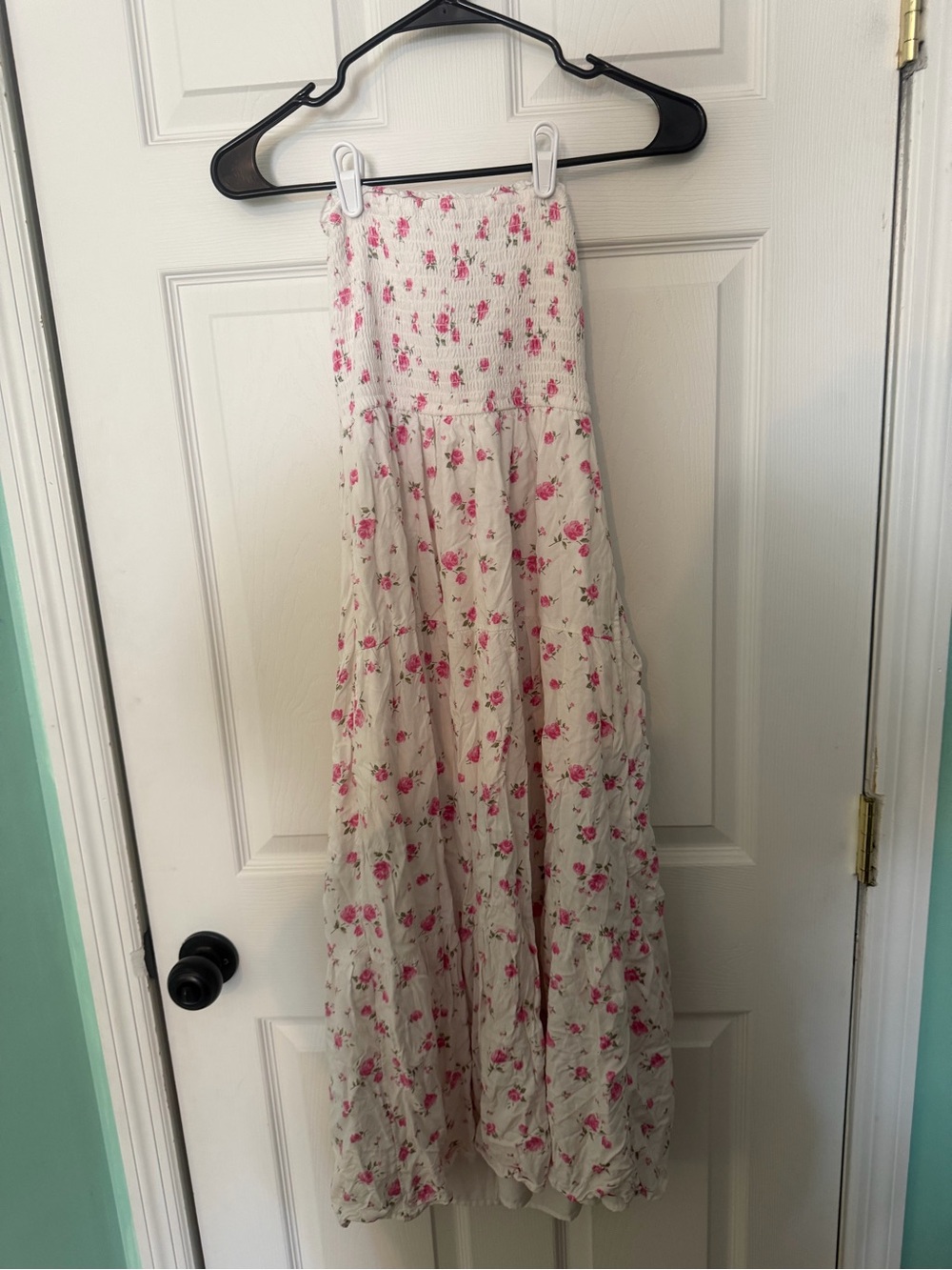 Hollister White Maxi Strapless Maxi Dress with Pink Floral Print| S